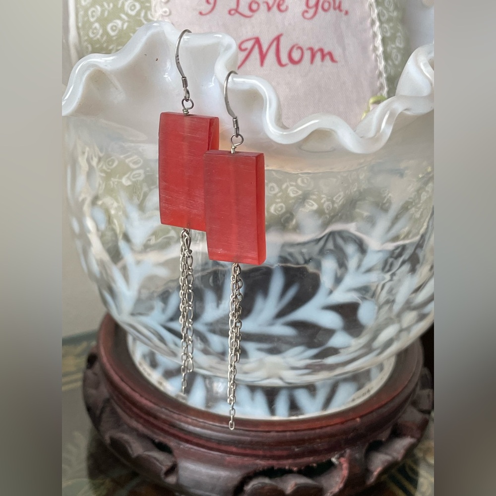Vintage 925 Elegant Red rectangular Dangle Sterling Silver Earrings